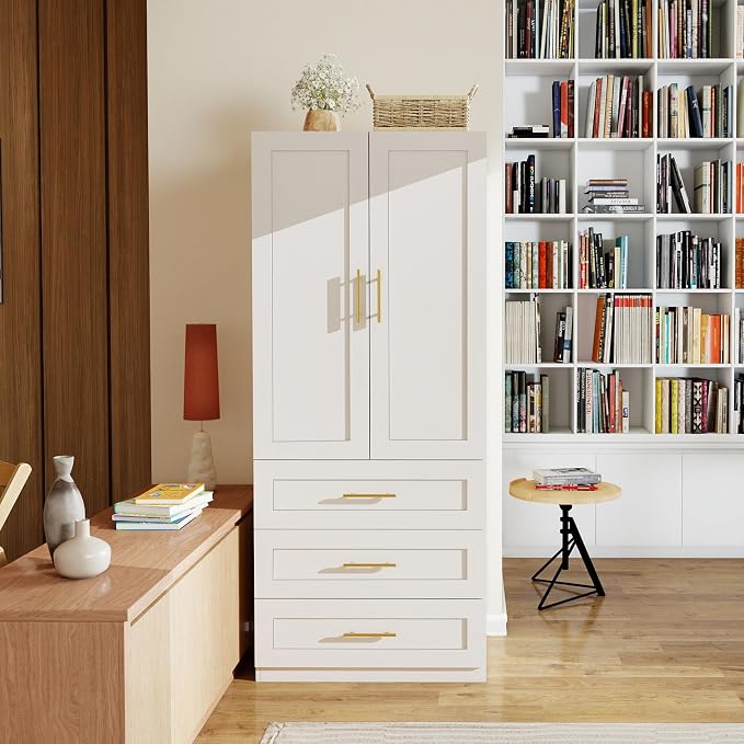 White Wardrobe with 2 Doors: 75" Tall Armoire Wardrobe Closet with 3 Drawers, Bedroom Armoires for Hanging Clothes, Wooden Closet Storage Cabinet with Shelves (Modern, 1)