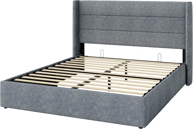 Allewie Full Size Lift Up Storage Bed, Modern Wingback Headboard, Hydraulic Support, No Box Spring Needed, Grey Blue