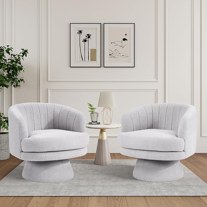 CANMOV Swivel Accent Chair with Armrest, Modern 360 Degree Swivel Barrel Chair with Curve Back and Soft Cushion,Comfy Round Sherpa Teddy Armchair Single Sofa for Living Room,Bedroom, Light Grey