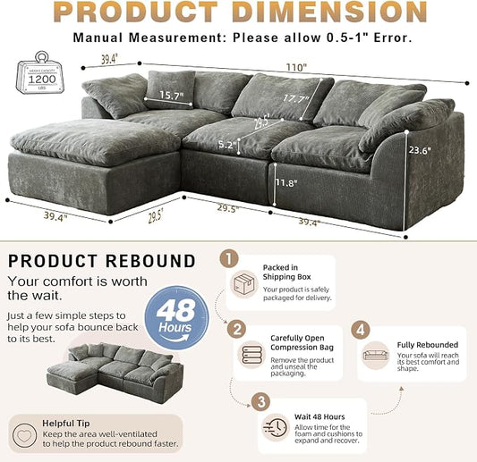 110" Boneless Cloud Couch Sectional for Living Room, Oversized Modular L Shaped Sofa with Ottoman, Deep Seat Chenille Sectional Couch for Cloud-Like Comfort (Ash Grey)