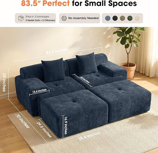 83.5" Boneless Loveseat with 2 Ottoman, Cloud Comfy Sofa Bed, Modular Sofa for Living Room, Apartment, Bedroom, Hotel, No Assembly Required (Blue)