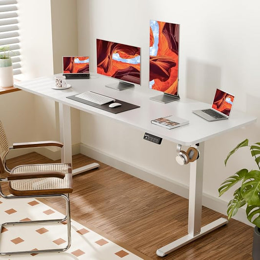 ERGOMAKER Electric Standing Desk, 63" x 23.6" Height Adjustable Sit Stand Desk with Splice Board for Home Office, Computer Desk Memory Preset (White Frame, White Desktop)
