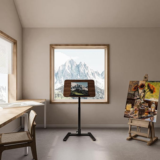 alawooder 25" Mobile Folding Desk: Pneumatic Sit-Stand, No Assembly | 29-42" Height Adjustable Rolling Laptop Desk, Hidden Wheels, 0-90° Tilt Top. Ideal for Home Office, Craft & Study.