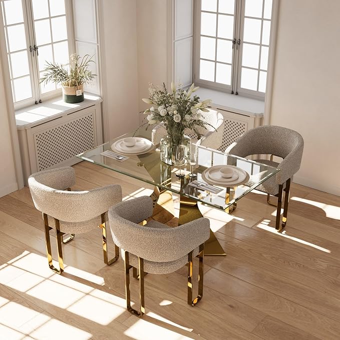 Boucle Dining Chairs, Off White Barrel Arm Chairs with U-Shaped Mirrored Gold Legs, Modern Side Chairs for Dining Table, Kitchen and Dining Room Restaurant Recepition,Set of 12