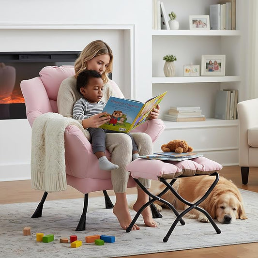 Welnow Pink Lazy Chair with Ottoman, Modern Reading Accent Chair with Armrests and a Side Pocket, Leisure Upholstered Lazy Sofa Set with Footrest for Small Space