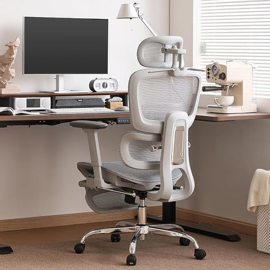 Office Chair with Footrest, Ergonomic Chair with 3D Headrest, Computer Chair with Adjustable Backrest & 3D Armrest, Gaming Chair with Adaptive Lumbar Support, Mesh Backrest & Cushion, Grey