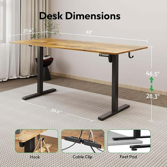 Large Electric Standing Desk,63x28 Inches Adjustable Height Stand up Desk, Sit Stand Home Office Desk, 3 Preset Heights,Equipped with Hooks,Ergonomic Computer Desk Workstation,Brown