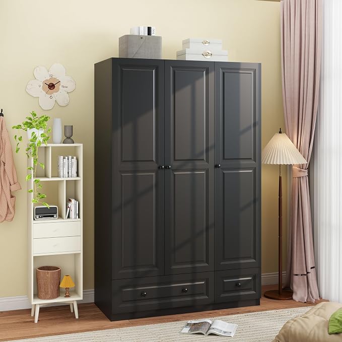 Armoire Wardrobe Closet with Drawers: 74" Black Wardrobe Closet with 3 Doors, Bedroom Armoires with 2 Drawers, Wood Closets Cabinet for Hanging Clothes (Black, 47")