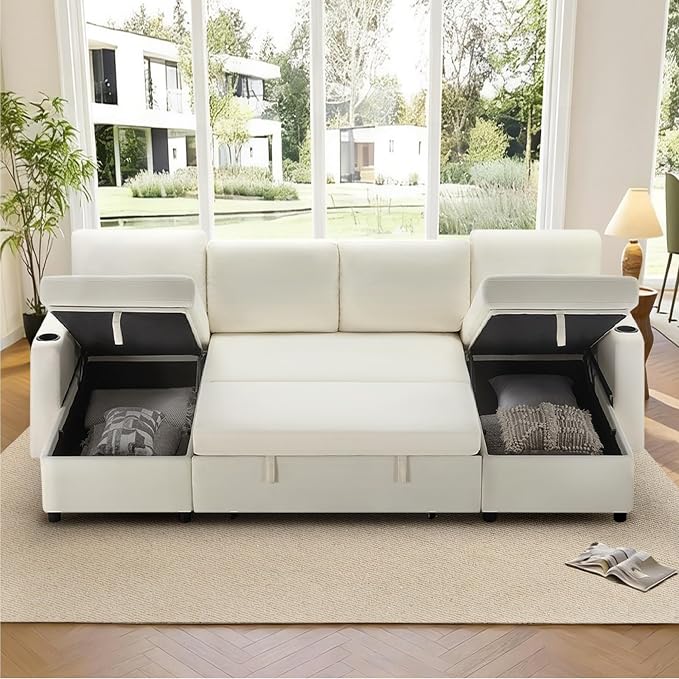 KISLOT 110 Inch Sectional Sleeper Sofa with Pull Out Bed Convertible Plush 2 in 1 Couch with Storage Chaise & USB Charging Comfy L Shaped Modular Couches for Living Room Apartment(3 Box)