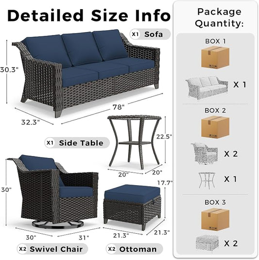 6 Pieces Patio Conversation Furniture Set - 1 Sofa, 2 Swivel Chairs, 2 Ottomans, 1 Side Table, Outdoor Wicker Furniture with Removable Cushions for Porch, Balcony, Sunroom (Blue)