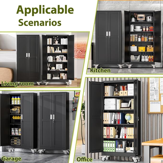 Metal Garage Storage Cabinet with Wheels, 70.9" H x 29.9" W x 15" D, Lockable Rolling Steel Tool Cabinet with Adjustable Shelves, Heavy Duty Garage Cabinet for Workshop, Basement, Home, Black