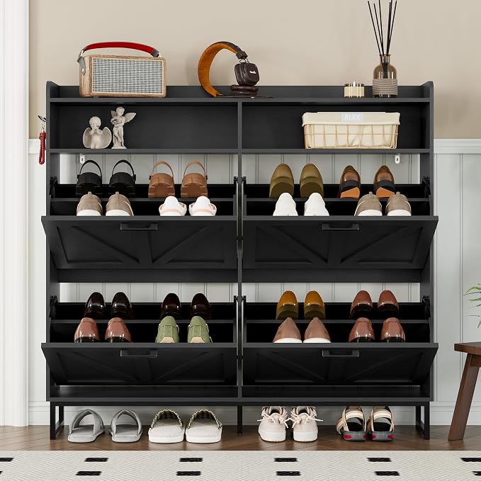 BORNOON Shoe Cabinet with 4 Flip Drawers Narrow Shoe Storage Cabinet Organizer Wooden Freestanding Shoe Rack Hidden Slim Shoes Storage Cabinet for Entryway, Hallway, Living Room, Bedroom