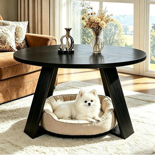 Black Round Coffee Table, 31.5" Modern Coffee Table for Living Room with Mountain Textures,Small Coffee Table with Open Storage, Circle Center Table with Cross Base, Easy Assembly