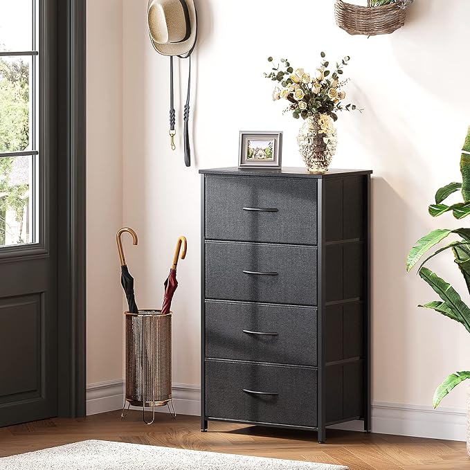 ODK Dresser for Bedroom with 4 Storage Drawers, Small Dresser Chest of Fabric Drawers with Sturdy Steel Frame for Small Space, Wood Top, Black