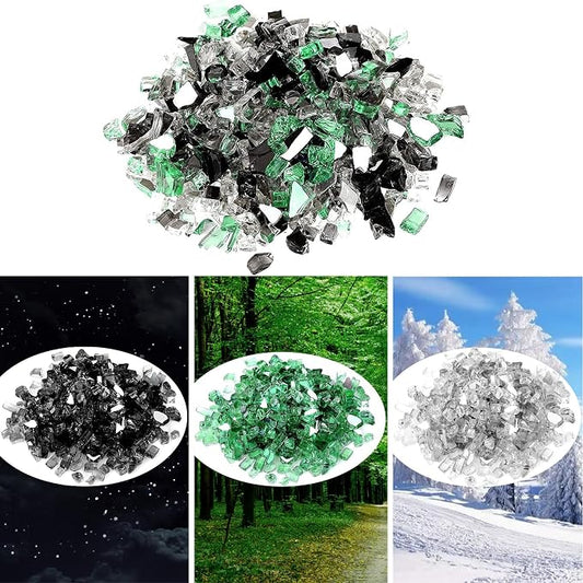 Onlyfire 10 lbs Fire Glass Rocks 1/2 Inch, Reflective Tempered Glass for Propane Fire Pit & Gas Fireplace, High Luster Firepit Glass Stones for Fire Table, Onyx Black+Platinum+ Light Green