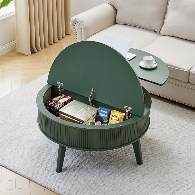 Round Lift Top Coffee Table with Storage, 35.4'' Fluted Wood Center Table Mid Century Modern Coffee Table with Lifting Top for Living Room, Office, Small Space Green
