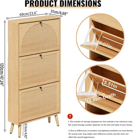 Fsbecl Shoe Storage Cabinet for Entryway with 3 Flip Drawers, Narrow Shoe Organizer with Fluted Panel, Freestanding Wood Hidden Shoe Cabinet for Hallway (Wood Color, 23.6''W, Single Layer)