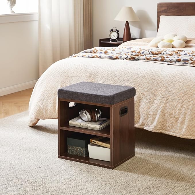 YMYNY Small Shoe Storage Bench with Cushion, 2 Tier Entryway Bench with Shoe Storage, Shoe Rack Bench for Entryway, Living Room, Hallway, Closet, Bedroom, 15.4L*11W*16.54H, Light Walnut HBD028LW