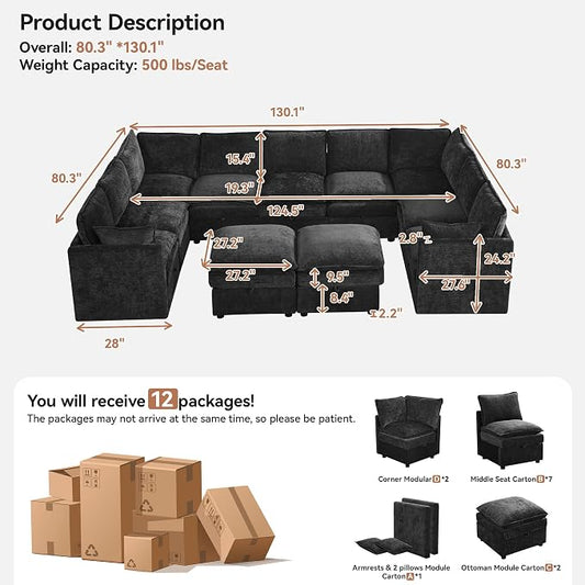 130" Black Oversized Modular Storage Sofa, U Shaped Chenille Cloud Couch | Oversized Convertible Sectional Sofa, 9-Seat Sectional Couch With 2 Ottomans, Large Cloud Couch For Living Room, Apartment.
