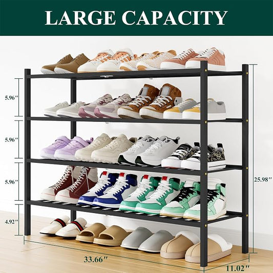 Smiry Long Bamboo Shoe Rack, 4 Tier Free Standing Wooden Shoe Organizer, Stackable Wood Shoe Storage Shelf for Closet, Entryway, 12 Vertical Slats, 2+2 Stack Standard Legs, 33.7"x11"x26", Black