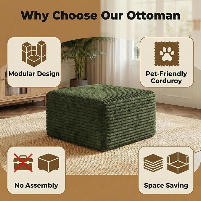 JINGLING 94" U Shaped Boneless Sectional Couch Set for Living Room, Plush Corduroy Modular Sofa with Ottoman, Small Space Apartment Couch, No Assembly, Left Facing Chaise, Green