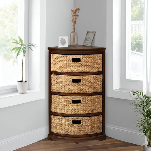 eHemco Hampton Meadows 4 Tier X-Side Corner Table, Walnut | Storage Cabinet, 4 Wicker Baskets