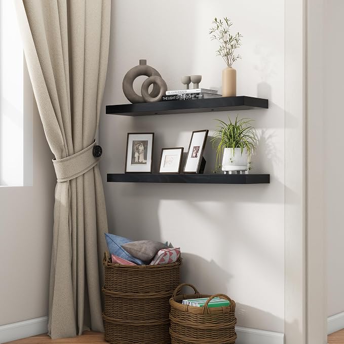 fuqing 30 Inch Floating Shelves for Wall, Black Wood Floating Shelves Set of 2, 30 Inch Wide x 6.7 Inch Deep Wooden Shelves for Living Room Bedroom Bathroom Home Office