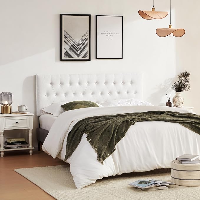 Tufted Upholstered Headboard Full Size, Adjustable Height 37- 51 in, White | Sturdy and Durable Solid Wood Full XL Headboard, Fabric Full Headboard Only, Modern Button Diamond Design Head Board
