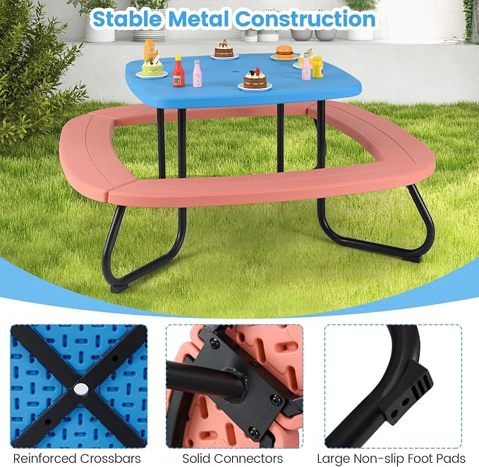 Costzon Kids Picnic Table, 8 Person Kids Outdoor Table and Chairs with Foldable & Adjustable Umbrella, 4 Built-in Benches, Toddler Outdoor Furniture for Backyard, Patio, Garden (Red)