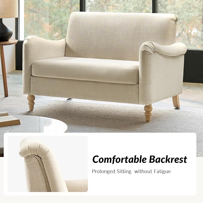 HULALA HOME 50.5" Loveseat Sofa with Solid Wood Spindle Legs, 2 Seater Farmhouse Sofa with Rolled Wide Armrests, Comfy Upholstered Small Couch for Living Room Bedroom, Linen