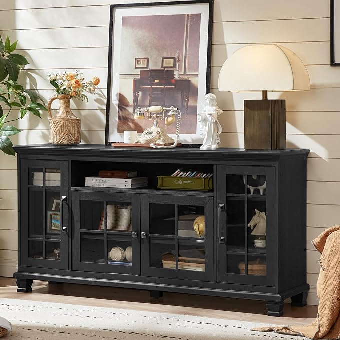 SAVOR LIFE Large Black Sideboard Buffet Cabinet with Storage,Vintage Farmhouse 60" Wide Buffet Cabinet with Glass Doors & Wood Legs,Coffee Bar Cabinet for Dining Room, Living Room