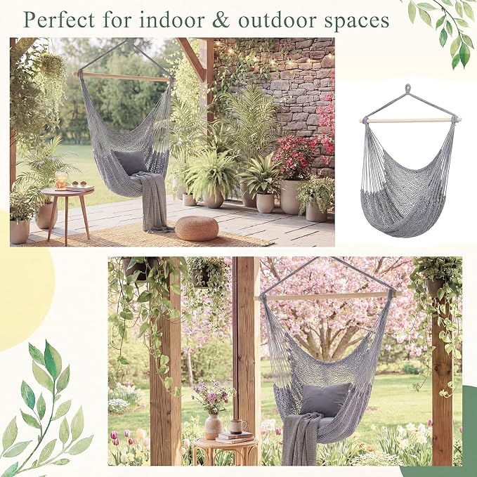Barydat 2 Pcs Hanging Hammock Chair Boho Swing Chair Outdoor Indoor Comfy Soft Cotton Rope Weaving with 40 Inch Detachable Metal Bars for Backyard Living Room Garden, 270lb Capacity (Light Gray)