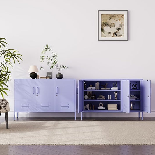 32" Wide 3-Door Lockable Metal Storage Cabinet with Accent Cabinet Locker, Heavy Duty Home Tool Cabinet, 2 Removable Shelves & Easy Assembly, for Home, Office, Entryway and Hallway Purple