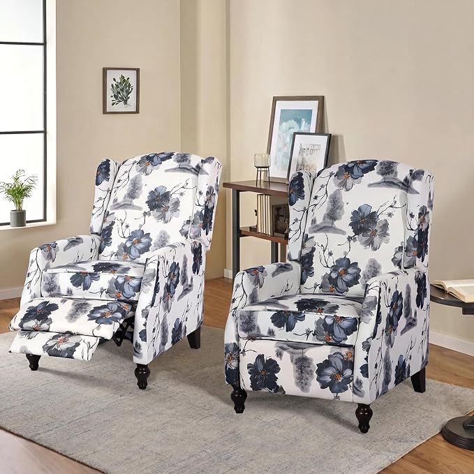 Wingback Recliner Chair with Massage and Heat, Tufted PU Leather Push Back Arm Chair for Living Room Vintage Recliner Chair with Remote Control, Padded Cushion, Backrest (Ink Blue-2)