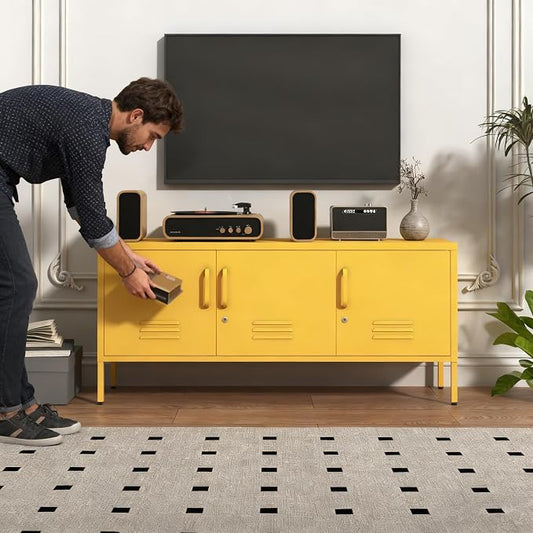 3 Door Lockable Metal TV Stand Storage Cabinet with Accent Cabinet Locker, Wide Heavy Duty Media Console for Large 100+ Inch TVs, Home Office Entertainment Center, Yellow 22"H X 47.3"W X 13.8"D
