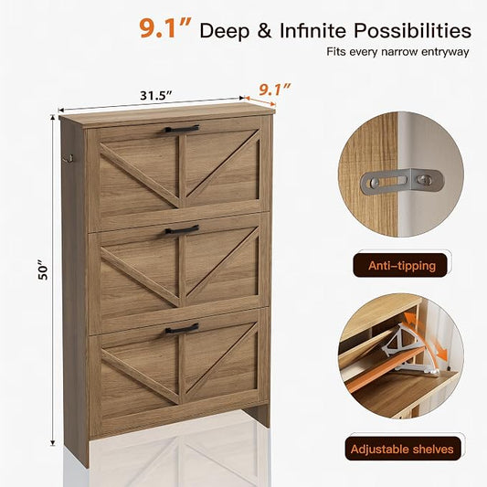 Nicetree 3-Drawer Flip Shoe Storage Tower – Slim-Profile Freestanding Rack with Adjustable 3-Tier Shelving, Rustic Shaker Barn Door Style, and Warm Caramel Finish – Compact Boot & Shoe Organizer
