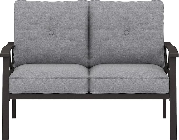 RoyalCraft Patio Loveseat, All-Weather Outdoor 2 Seats Sofa Couch,Khaki Metal Furniture with Gray Cushions