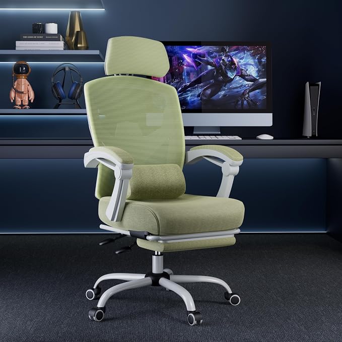 DUMOS Office Desk Computer Chair with Footrest, Ergonomic Mesh Swivel Gaming Chair with Rolling Wheels, Comfortable Headrest, Lumbar Support, Comfy for Home, Office, Task, Student, Elegant Green