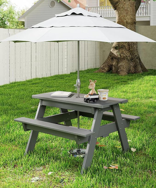 FOOWIN Kids 3-in-1 Sand & Water Table,HDPE Outdoor Convertible Picnic Table w/Detachable Tabletop, for Outdoor Backyard Patio Play Grey