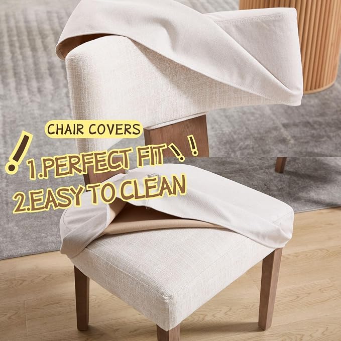 HNY Mid Century Modern Dining Chairs Set of 4 with Seat Covers, Farmhouse Linen Fabric Upholstered Accent Chairs Curved Backrest Kitchen Chairs, with Hardwood Frame, Beige