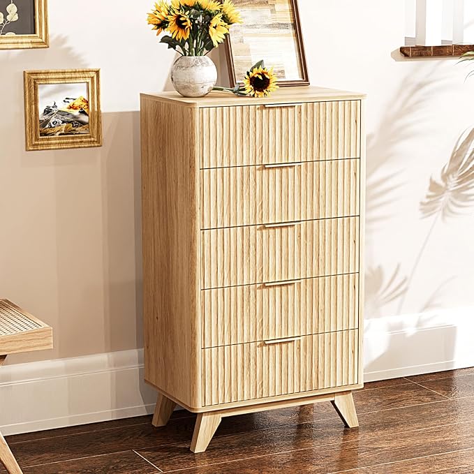 VINGLI Fluted Tall Dresser 5 Drawer, 23.66" W Chest of Drawers, Oak Wood Dresser for Bedroom Mid Century Modern with Rounded Edge, 23.66" W*15.6" D*44.88" H