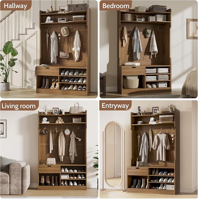 Hall Tree with Bench and Shoe Storage, 5-in-1 Entryway Hall Tree with Coat Rack, Hidden Drawer, 7 Coat Hooks, 3-Tier Shoe Storage for Hallway and Mudroom, Walnut
