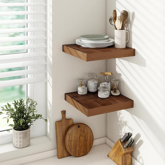 Vivelove Wide Floating Shelves for Wall 12 Inch Deep, 12" X 12" X 2" Floating Shelf, 2 Inch Thick Shelf for Living Room Bathroom Bedroom Kitchen Book Room, Rustic Farmhouse Decor Set of 2, Walnut
