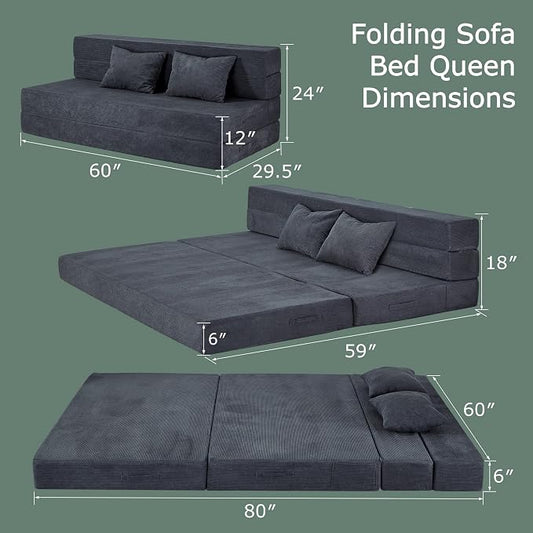 Folding Sofa Bed, 4 in 1 Convertible Sleeper Chair with Pillow, Queen Memory Foam Fold Out Chair Bed, Modern Floor Futon Sofa Couch Mattress for Living Room/Guest/Apartment, Dark Grey