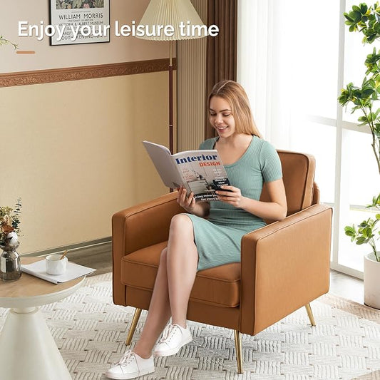 VINGLI Modern PU Leather Accent Chair for Living Room,Bedroom Comfy Chair Arm Chair Reading Chair with Golden Metal Legs and Deep Seat for Office,Apartment,Small Space,Cognac