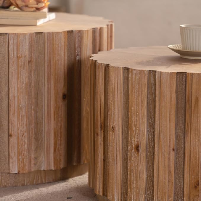Nesting Round Coffee Table Set of 2, 27.56" Fluted Circle Accent End Table, Morden Drum Side Table, Wooden Center Table for Living Room, Fully Assembled - Natural Wood