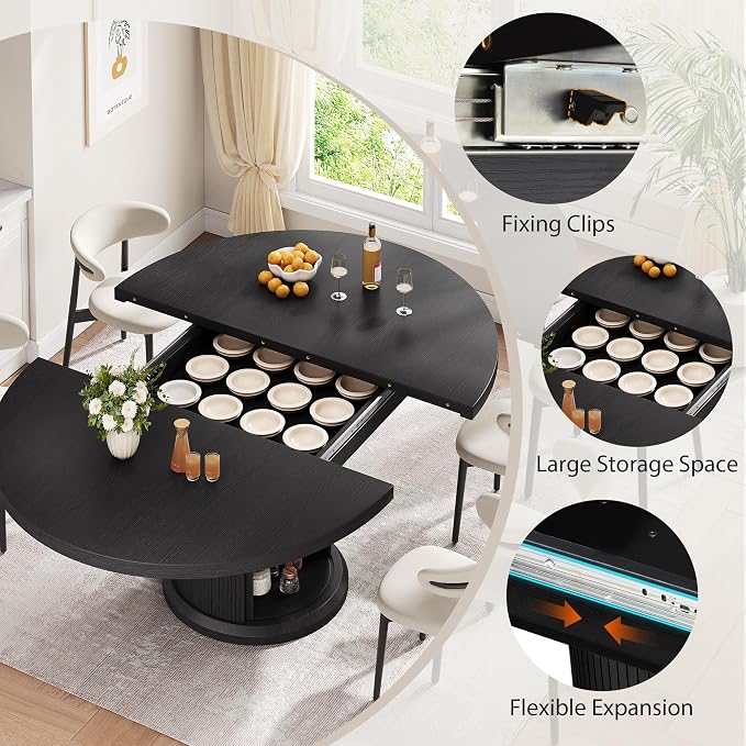 Jocoevol 47β³β63β³ Extendable Round Dining Table for 4β8 with Dust-Proof 2-Tier Storage Shelf Space Saving Expandable Wood Oval Circle Dinner Furniture with Pedestal Base (Black)