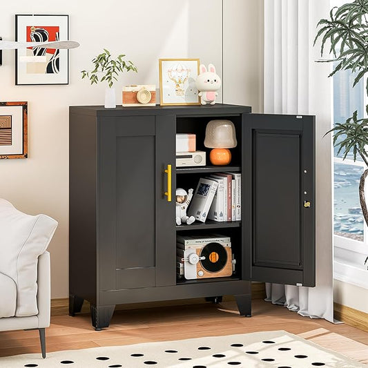 Black Metal Storage Cabinet, 36" Steel Locking Cabinets | Small Cabinet with Doors and 2 Adjustable Shelves, Utility Cabinet, Steel Locker Organizer for Office, Home, Garage, School