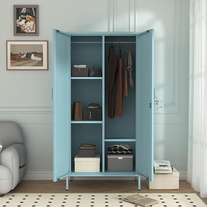 Industrial 67" Blue Lockable Metal 2-Door Storage Cabinet, Multi-Purpose Wardrobe with Hanging Rod & Adjustable Shelves, Heavy Duty for Bedroom, Garage, Home Office 67" H X 31.5" W X 18.1" D