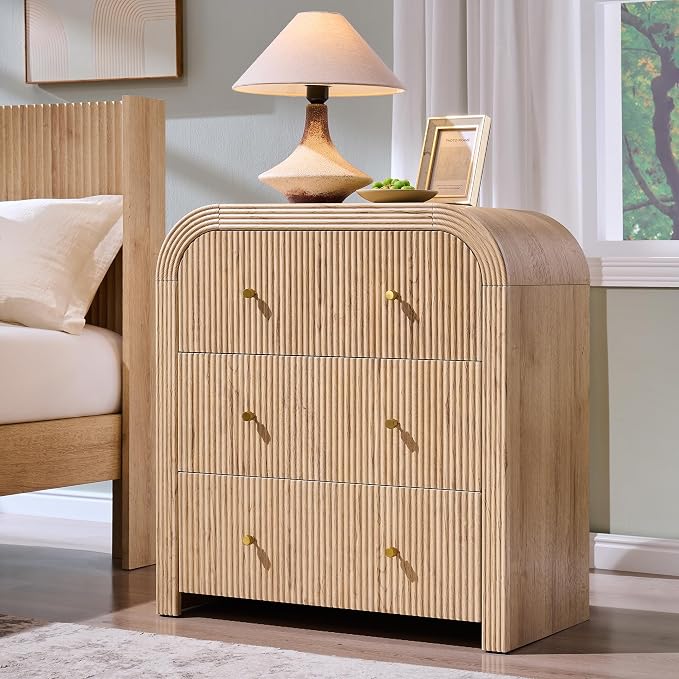 T4TREAM Fluted Dresser with 3 Drawers, 32" Tall Modern Chest of Drawers with Thickened Curved Profile Design, Wood Closet Clothes Storage Organizer for Bedroom, Living Room, Hallway, Natural Oak